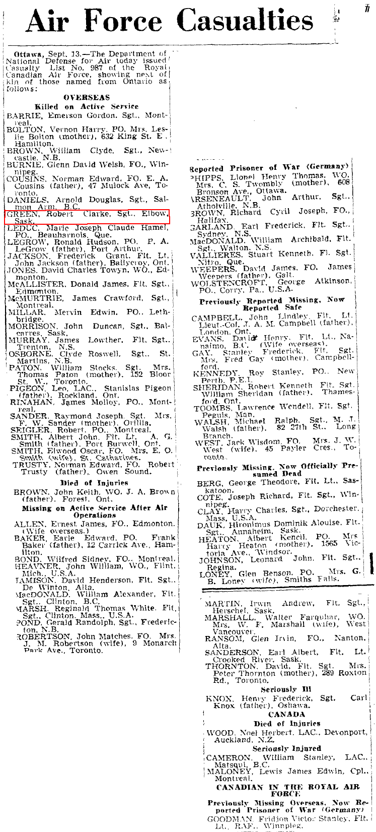 Globe and Mail Sep 14, 1944 Green Class Viii